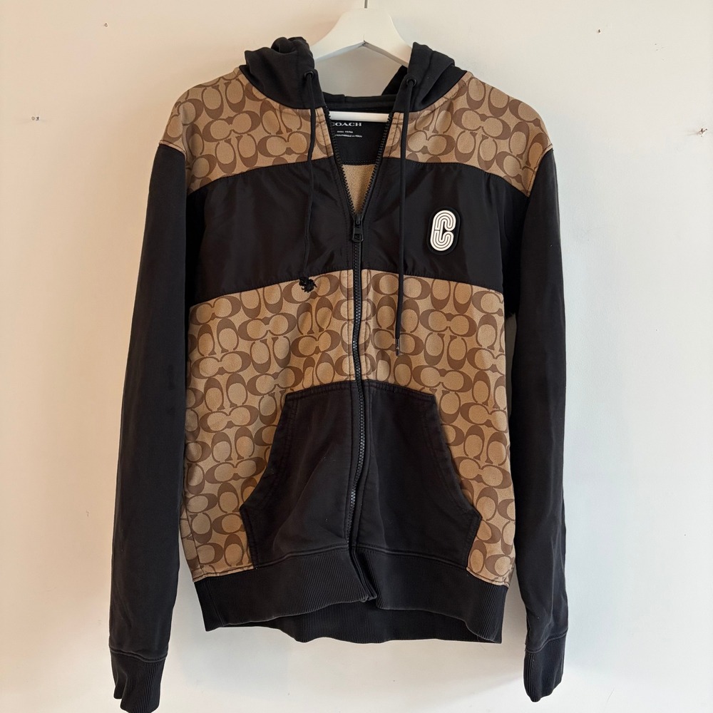 Coach Women's Signature C Logo Zip Up Hoodie Jacket Black Tan Small 175/96A